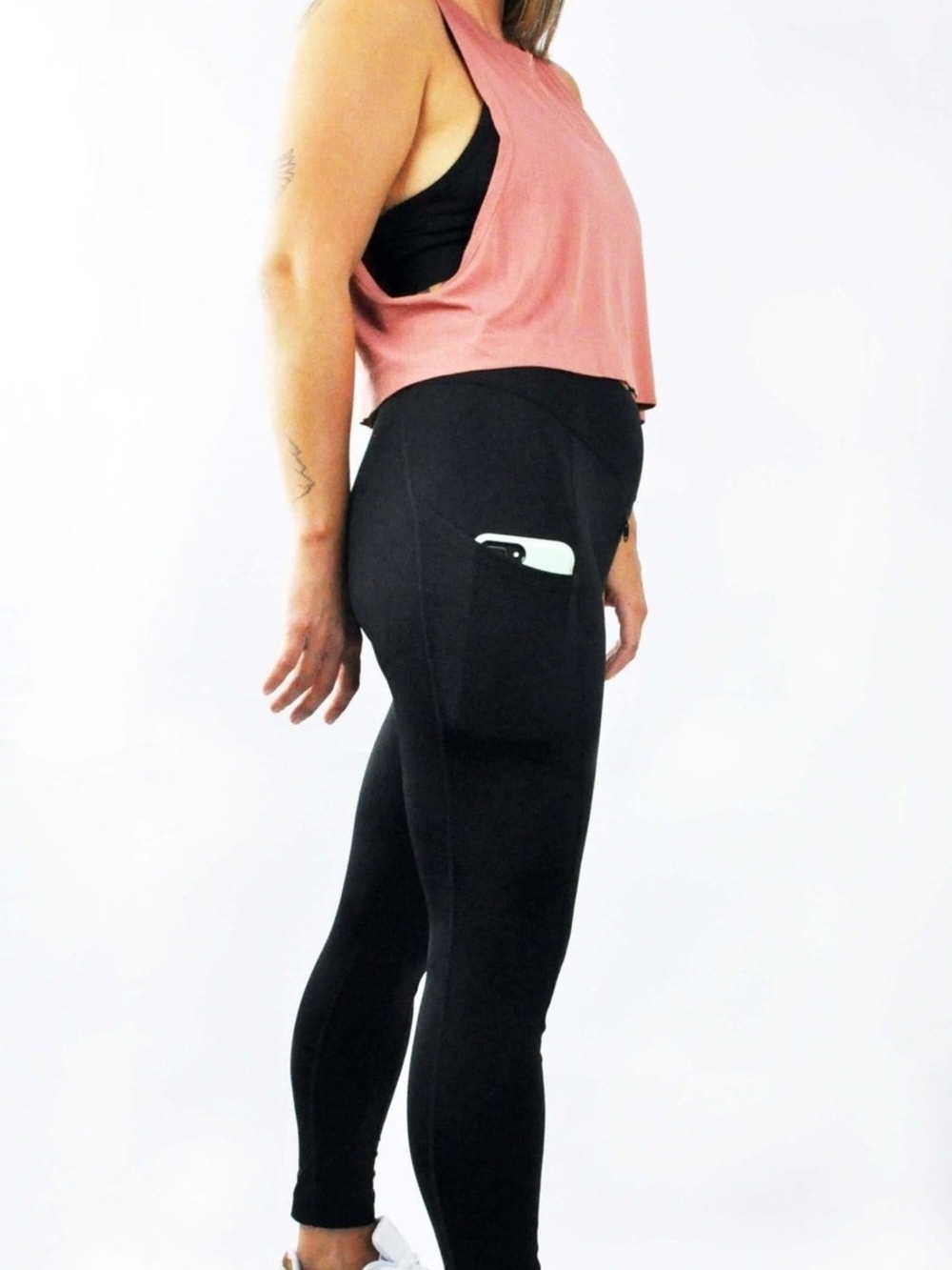 High-Waist Black Zipper Crotch Hiking Leggings with Phone Pocket